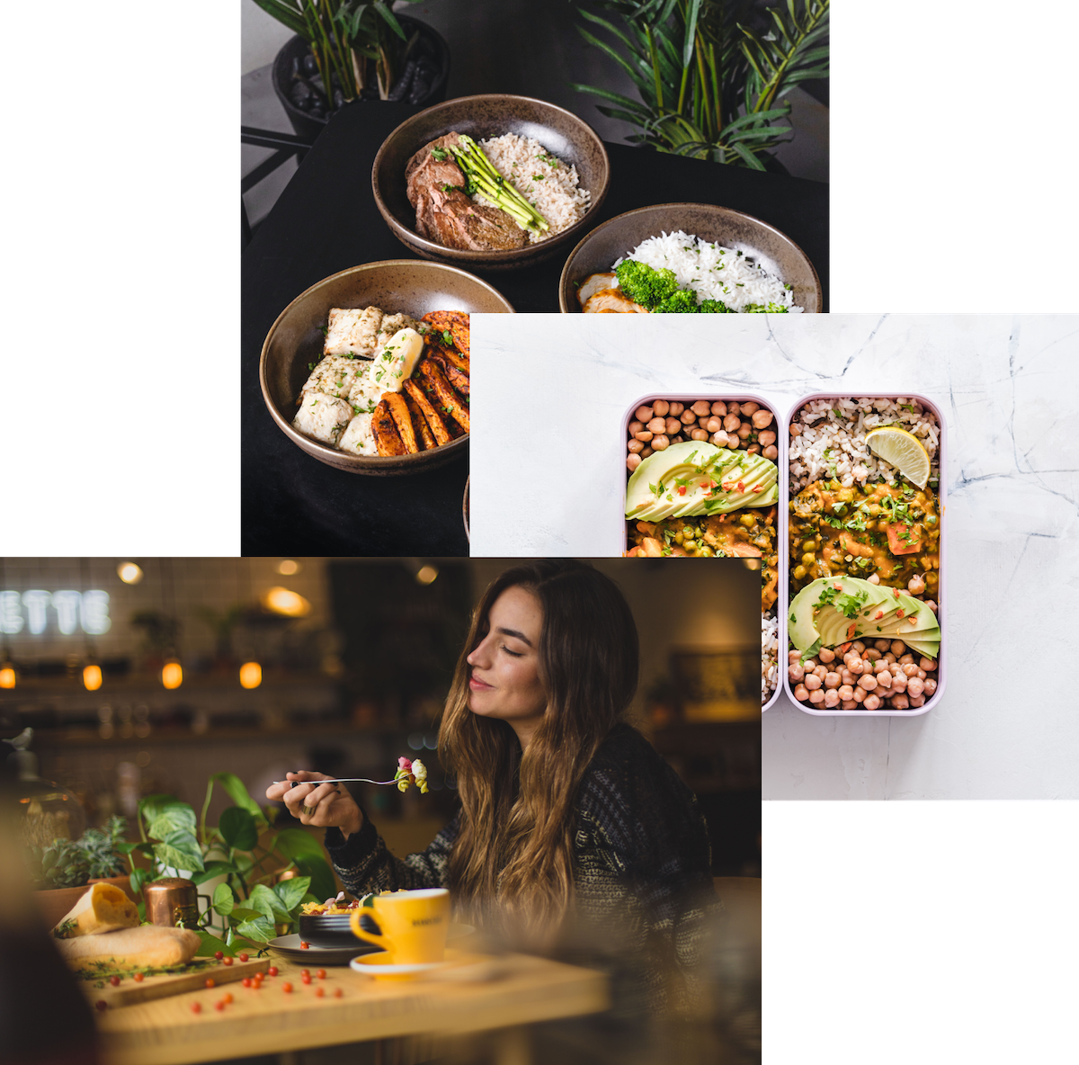 Woman enjoying food, meals in storage container, and food bowls on a table